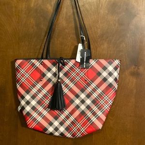 Charming Charlie reversible Plastic/ Vinyl Plaid Tote Bag with Tassels